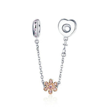 Load image into Gallery viewer, Love Heart &amp; Flower Safety Chain - Cherry Treasures, charms, bracelets, pandora type charms
